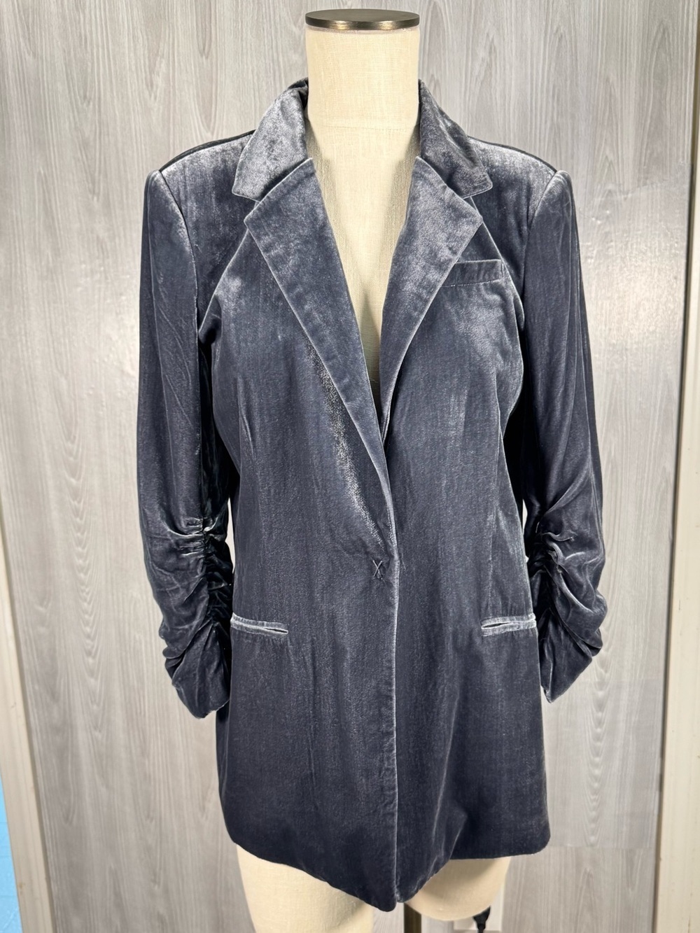 CENTRAL PARK WEST Womens Velour Gray Silk Blend Blazer Ruched Sleeves Long Sz M